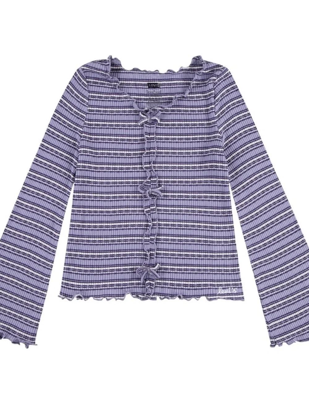 Levi's Lavender and White Striped Ruffle-Trim Long Sleeve Top